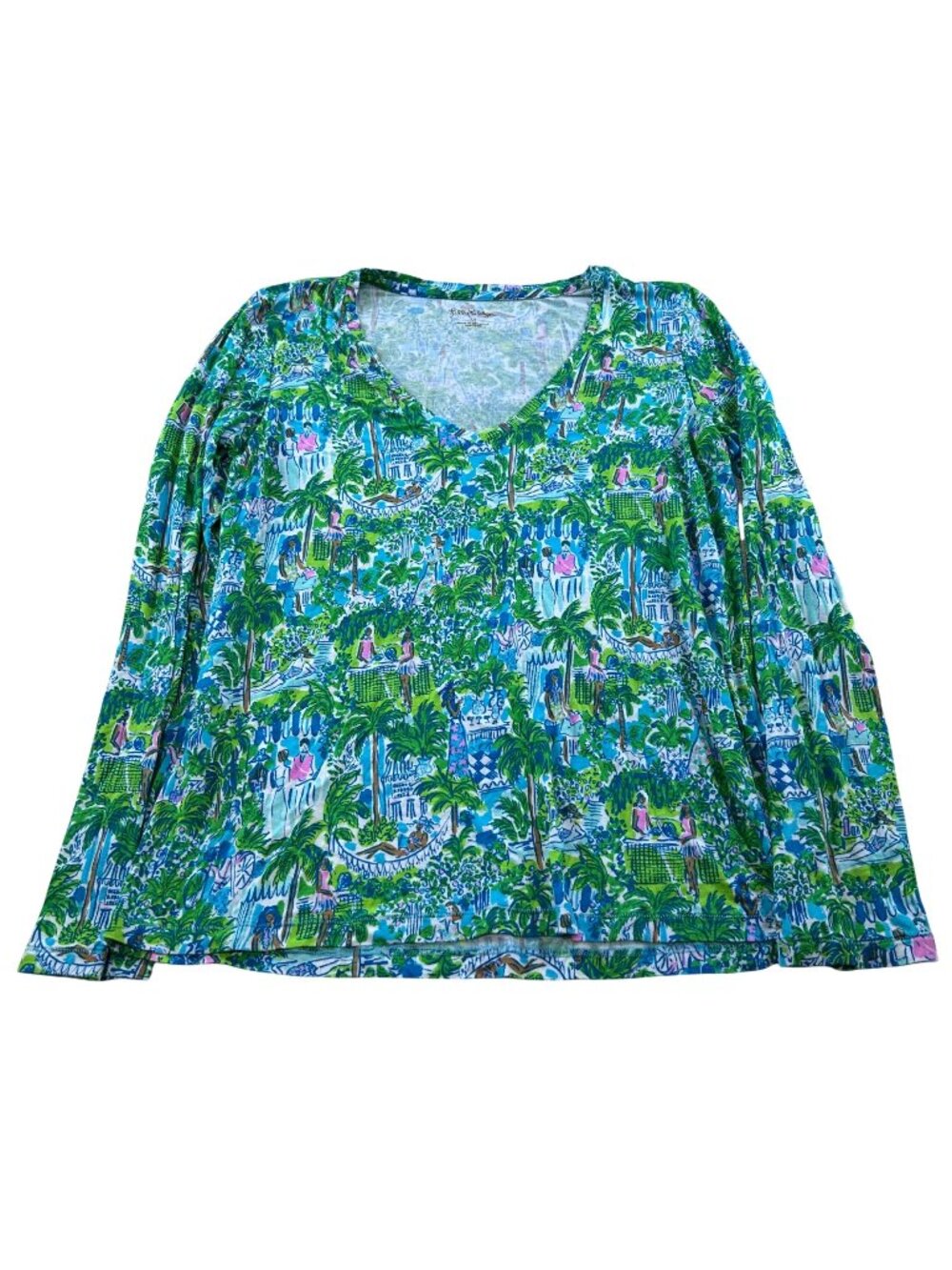 Lilly Pulitzer Womens M Green Multicolor Tropical Print V-Neck Long Sleeve Top